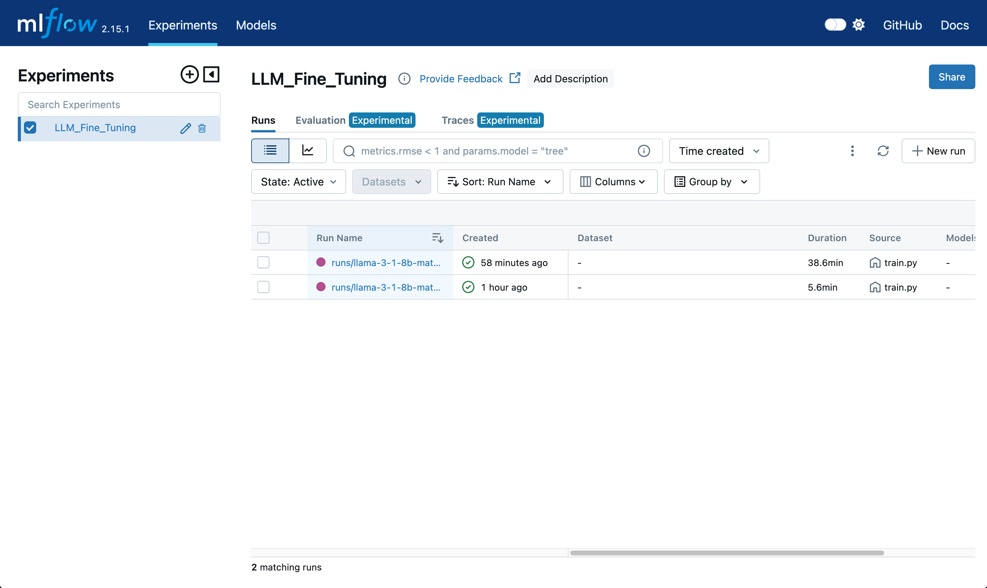 MLflow Experiment overview